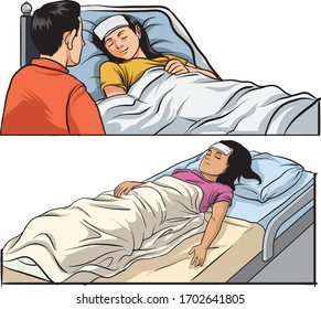 Sick women with cold compress laying in bed, high fever - vector