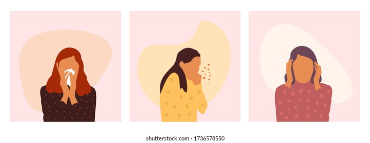 Sick women vector set headache, coughing, sneezing in arm, runny nose symptoms. Modern illustration