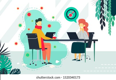 Sick At Work. Coronavirus. Unhappy That Co-worker Came With The Disease At Open Space. Ill Employee And Virus Around. How To Stay Healthy When Everyone's Has Flu At The Workplace. Vector Illustration