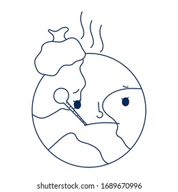 sick work with thermometer cartoon.  COVID-19 coronavirus pandemic vector illustration, line style