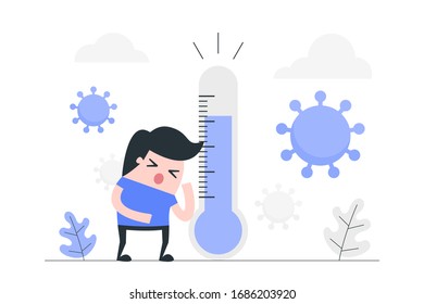 Sick young man among virus. Healthcare concept illustration.