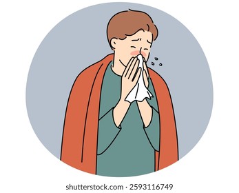 Sick young man in blanket blow runny nose suffer from cold or rhinitis. Unhealthy male struggle with flu or grippe. Healthcare and sick leave. Vector illustration.