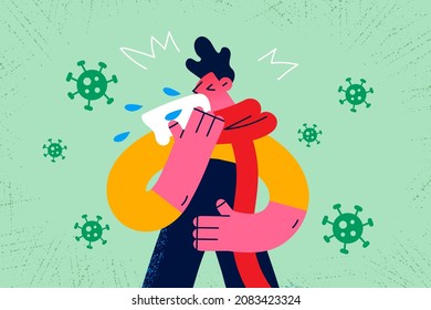 Sick young man blow running nose feel unhealthy suffer from covid-19 symptoms. Ill guy have fever or cold, struggle with corona virus infection. Coronavirus, pandemics concept. Vector illustration. 