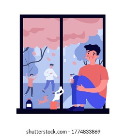 Joven enfermo con gripe mirando la ventana. Enfermedad, soledad, medicación, ilustración vectorial plana. Concepto de salud y aislamiento para banner, diseño de sitios web o página web de aterrizaje