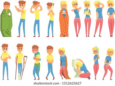 Sick young man and girl characters set, guy suffering from different symptoms vector Illustrations on a white background