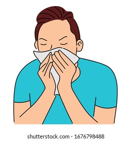 Sick young man holding tissue, sneezing into handkerchief, blowing running nose. White isolated vector illustration