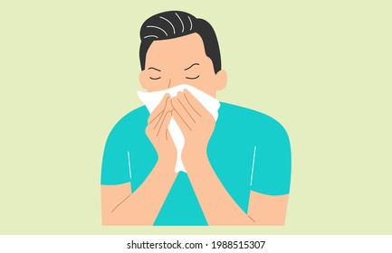 Sick young man holding tissue, sneezing into handkerchief, blowing running nose