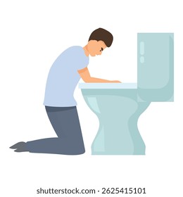 Joven enfermo está arrodillado frente al baño, sufriendo de náuseas
