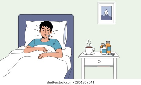 Sick young man lying in bed with a thermometer in mouth, looking miserable with hot tea and medicines on the bedside table.