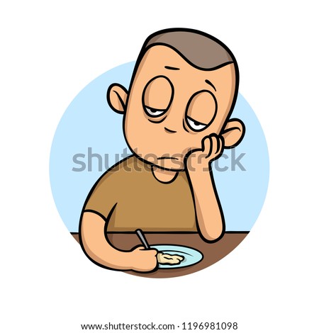Sick young man with no appetite in front of the meal. Colorful flat vector illustration. Isolated on white background.