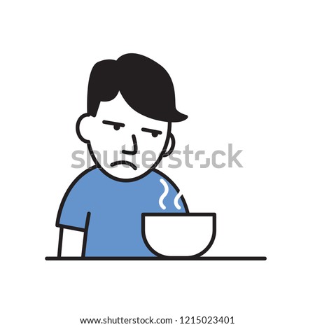 Sick young man with no appetite in front of the meal. Colorful flat vector illustration. Isolated on white background.