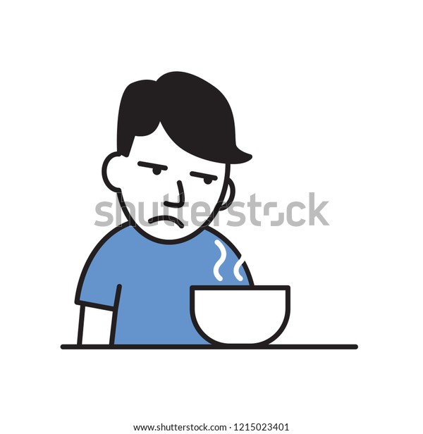 Sick\
young man with no appetite in front of the meal. Colorful flat\
vector illustration. Isolated on white\
background.