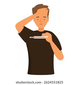Sick young man is touching his forehead while holding a thermometer, worried because he has a fever