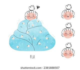 Sick young woman in blanket suffer from cold. Thermometer in mouth. Unhealthy girl struggle with flu. Cough, Grippe. Healthcare concept. Hand drawn style. Trendy flat design vector illustration.