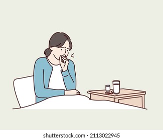 Sick young woman cough sneeze rest in bed at home blowing nose suffer from fever, ill millennial girl feel bad weak struggle with flu, having runny nose. Hand drawn style vector design illustrations.