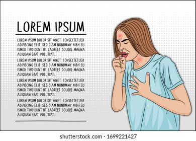 Sick young woman coughing. Cough, temperature, virus, infection. Vector and illustration