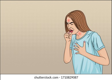 Sick young woman coughing. Cough, temperature, virus, infection. Vector and illustration
