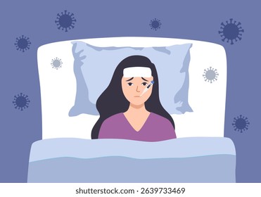 Sick young woman has high fever flu and cold lying on bed with thermometer in her mouth