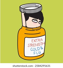 Sick Young Woman Leaning Into Medicine Bottle Concept Cartoon Character illustration