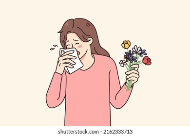 Sick young woman sneeze having allergy to flowers. Unhealthy girl hold floral bouquet feeling allergic to seasonal plants. Healthcare concept. Flat vector illustration. 