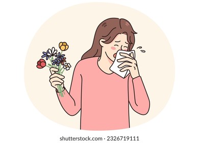 Sick young woman sneeze having allergy to flowers. Unhealthy girl hold floral bouquet feeling allergic to seasonal plants. Healthcare concept. Flat vector illustration.