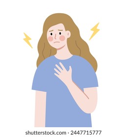 Mujer joven enferma que sufre de problemas de dolor de corazón. Sanidad, medicina, enfermedad, estilo de vida, concepto de tratamiento. Diseño de Vector de carácter plano aislado sobre fondo blanco.