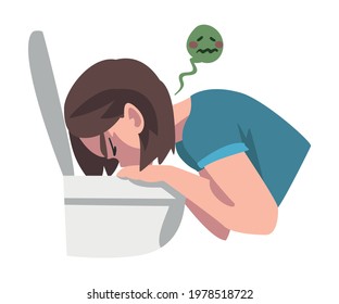 Sick Young Woman Vomiting into Toilet Bowl, Symptom of Heart Stroke Cartoon Vector Illustration