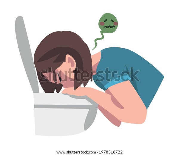 Sick Young Woman Vomiting\
into Toilet Bowl, Symptom of Heart Stroke Cartoon Vector\
Illustration