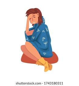 Sick Young Woman Wrapped in Plaid, Girl with Flu Having Headache Cartoon Vector Illustration