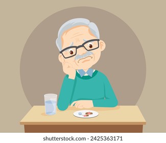 Sicked old man feel bored and disgusted to swallow pill