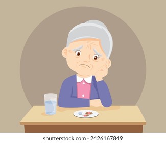 Sicked old woman feel bored and disgusted to swallow pill