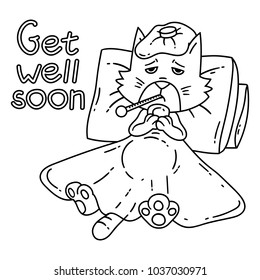 Sickening Cat With Thermometer Under The Blanket. Get Well Card.