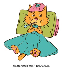 Sickening cat with thermometer under the blanket. Isolated objects on white background. Vector illustration.