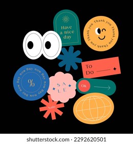 Sicker Pack. Collection of trendy stickers, labels, patches, tags. Retro style. Vector illustration.