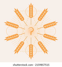 Sickle agricultural tool in the circle of ripe wheat radial rays. Agricultural emblem