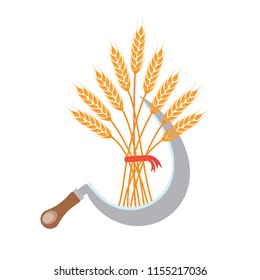 Sickle with Big bunch of wheat, barley or rye ears with whole grain and dry leaves, golden wheat, rye or barley crop with red ribbon harvest symbol or icon sign flat style design vector illustration.