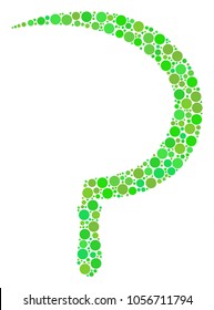 Sickle collage of dots in different sizes and eco green color tints. Vector filled circles are combined into sickle composition. Organic design concept.