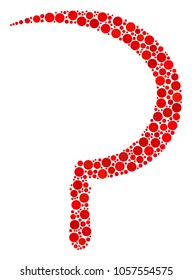 Sickle collage of dots in various sizes and color tints. Round dots are composed into sickle vector composition. Vector illustration.