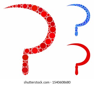 Sickle composition of filled circles in different sizes and shades, based on sickle icon. Vector small circles are organized into blue composition. Dotted sickle icon in usual and blue versions.