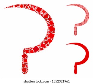 Sickle composition of inequal items in different sizes and color hues, based on sickle icon. Vector unequal items are united into mosaic. Sickle icons collage with dotted pattern.