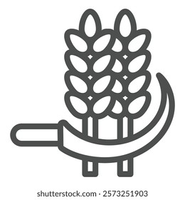 Sickle cuts ears of wheat line icon, wheat production concept. Vector graphics. Wheat plant with sickle tool sign on white background, outline style icon for mobile or web design