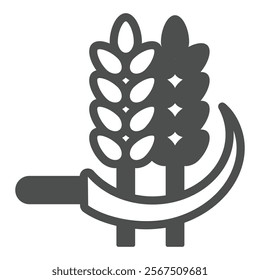 Sickle cuts ears of wheat solid icon, wheat production concept. Vector graphics. Wheat plant with sickle tool sign on white background, glyph style icon for mobile or web design