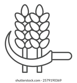 Sickle cuts ears of wheat thin line icon, wheat production concept. Vector graphics. Wheat plant with sickle tool sign on white background, outline style icon for mobile or web design