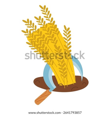 The sickle cuts off the golden ears. Gardening tools. Flat color illustration. Planting, harvesting, seasonal work. Suitable for garden themes, planting, gardening, manual labor, seasonal work