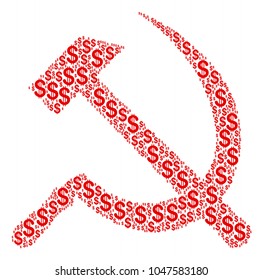 Sickle And Hammer composition of dollar symbols. Vector dollar currency pictograms are organized into sickle and hammer mosaic.