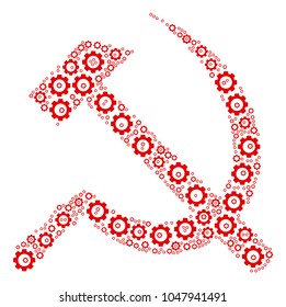 Sickle And Hammer composition of gear icons. Vector gearwheel symbols are combined into sickle and hammer pattern.