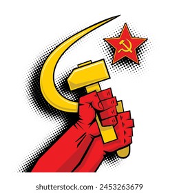 Sickle and hammer in hands, red star. Propaganda poster template in pop art retro style. Vector on tranparent background