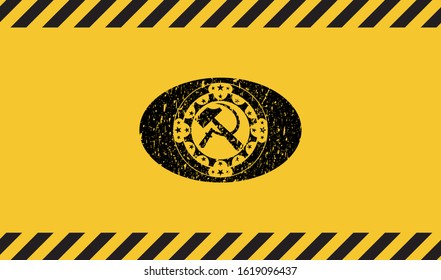 sickle and hammer icon black grunge emblem with yellow background. Vector Illustration. Detailed.