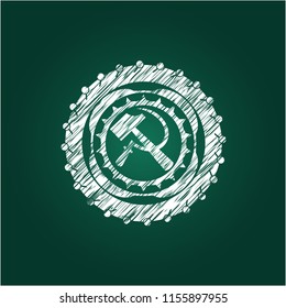 sickle and hammer icon drawn chalk emblem, retro style, chalk or chalkboard texture