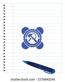 sickle and hammer icon drawn with pen strokes. Blue ink. Vector Illustration. Detailed.
